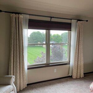 2 Pottery Barn Mustard Yellow/Taupe Lined Curtains and 2 Ivory Sheer Curtain Set